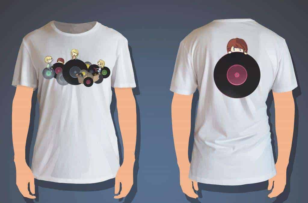 Kids Holding Vinyl Printed On White Shirt. Vector Design