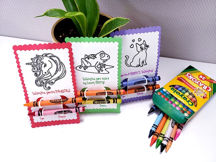 feature - valentines coloring cards with crayons for kids