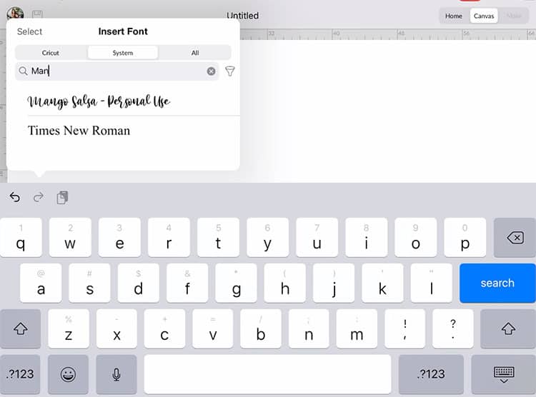 Search the font on Cricut Design Space