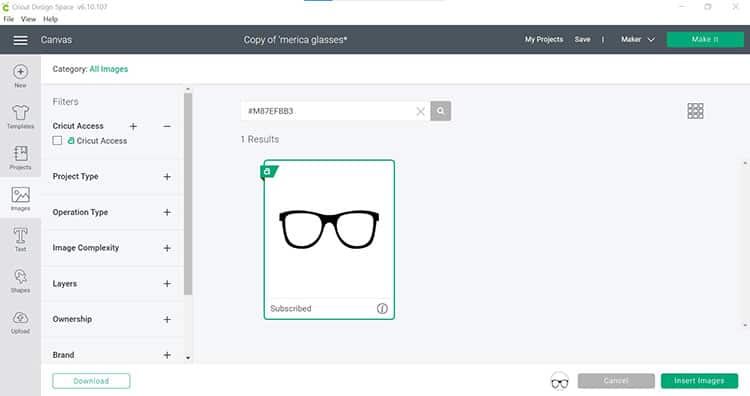Search for image of glasses in Design Space