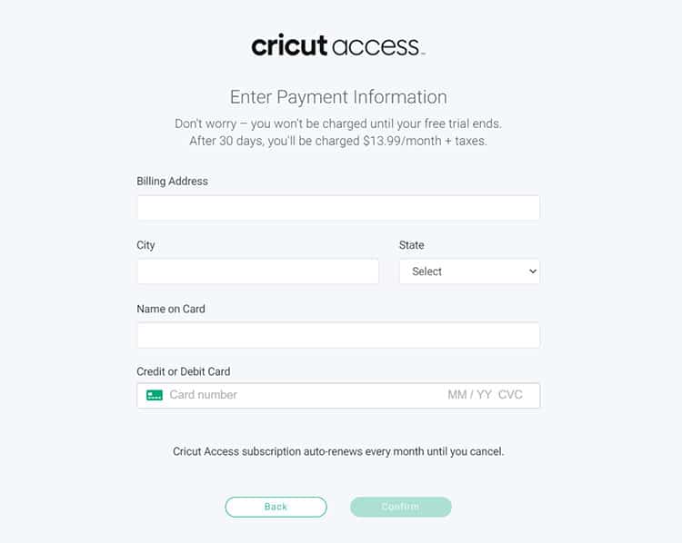 Complete fields for Cricut access membership sign up