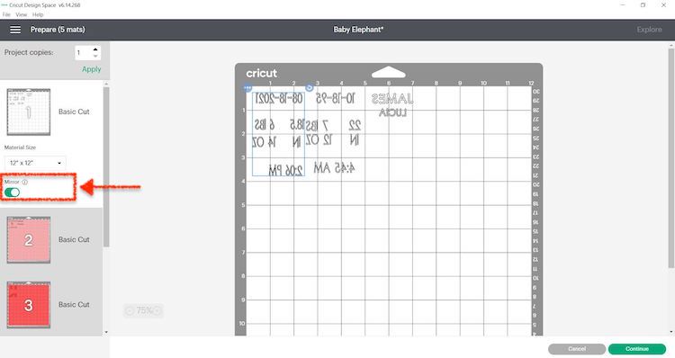 Select mirror for design on cutting mat in design space