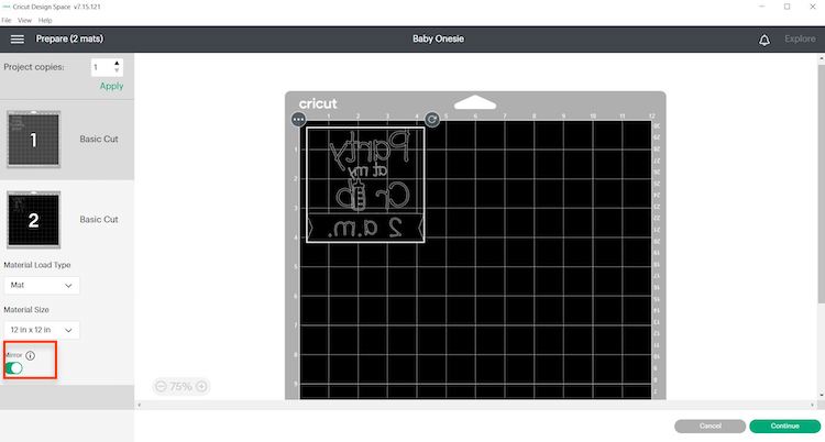 Baby Onesie project on cutting mat in design space with mirror on