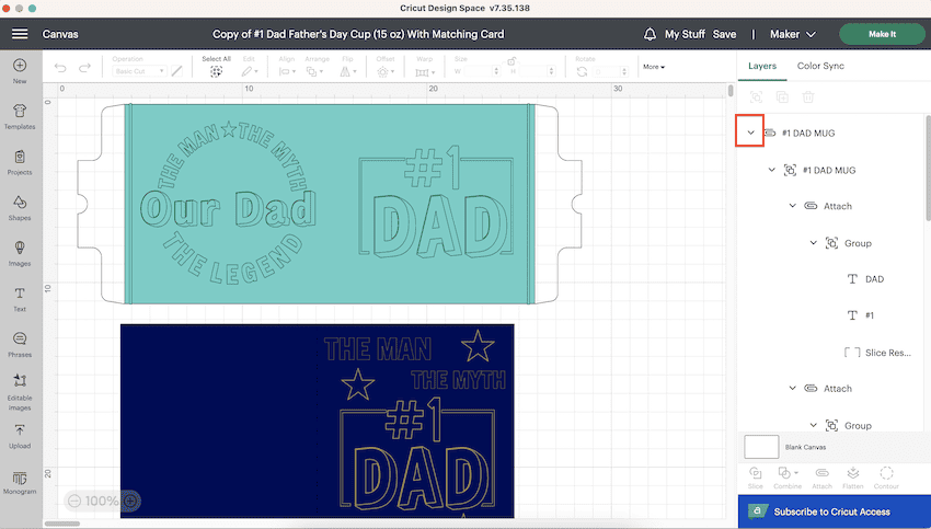 Father's Day Mug and Card open in Design Space