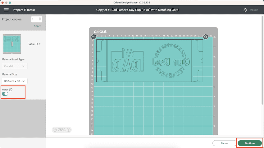 Mirror Father's Day Mug Design on Cutting Mat