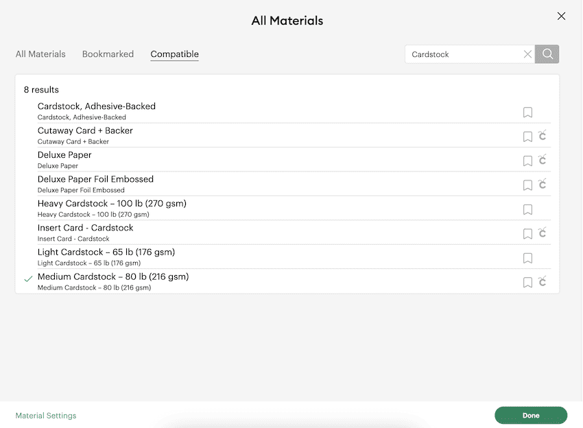 Search and Select Cardstock from list of materials