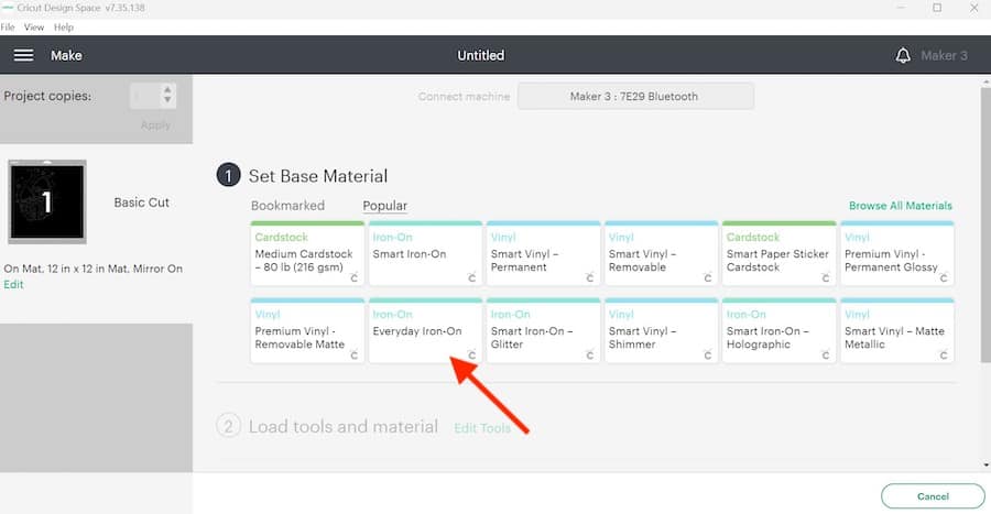 Get ready to cut- Select correct material