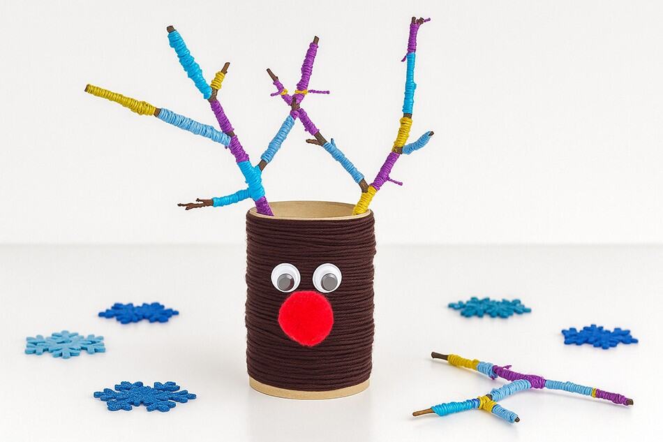 Christmas Reindeer Craft for Kids Made with Yarn and Toilet Paper Rolls