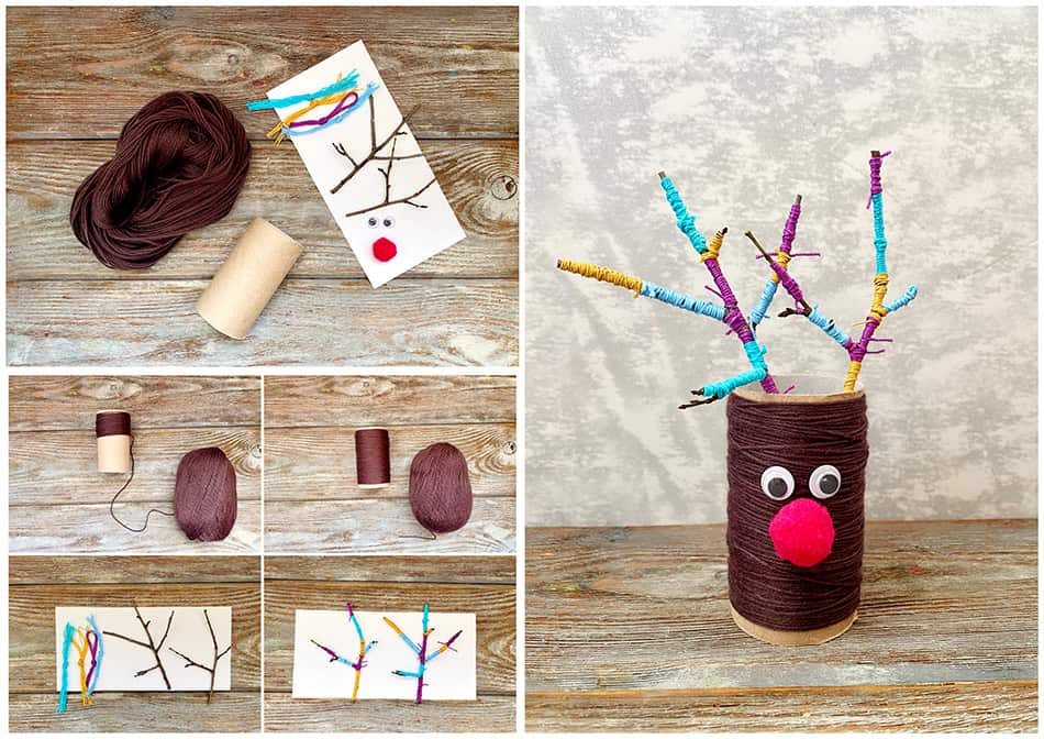 Christmas Reindeer craft for kids with toilet paper roll and yarn