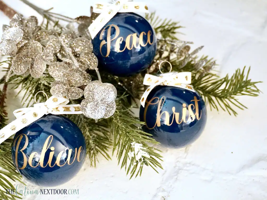 Classy Dollar Tree Ornaments with Cricut by the latina next door
