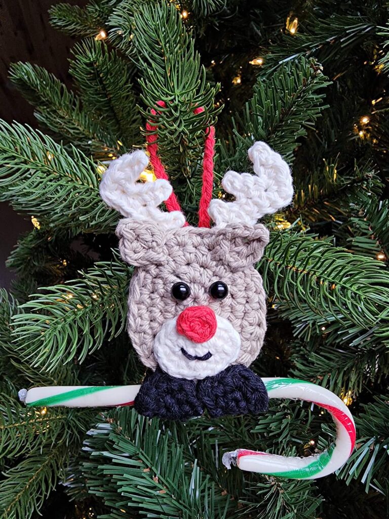 Crochet Reindeer Candy Cane Holder Ornament by A Crocheted Simplicity