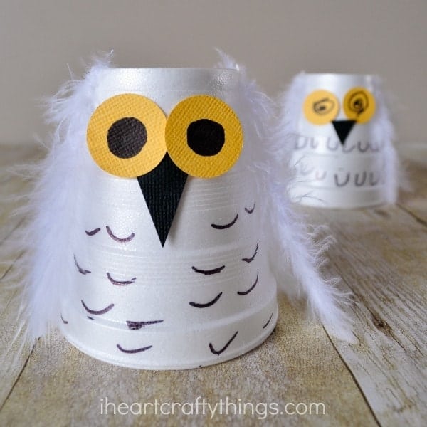 Snowy Owl Paper Cup Winter Craft by i heart crafty things