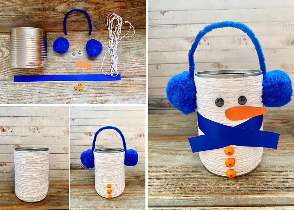 Yarn Wrapped Tin Can DIY Snowman Crafts for Kids