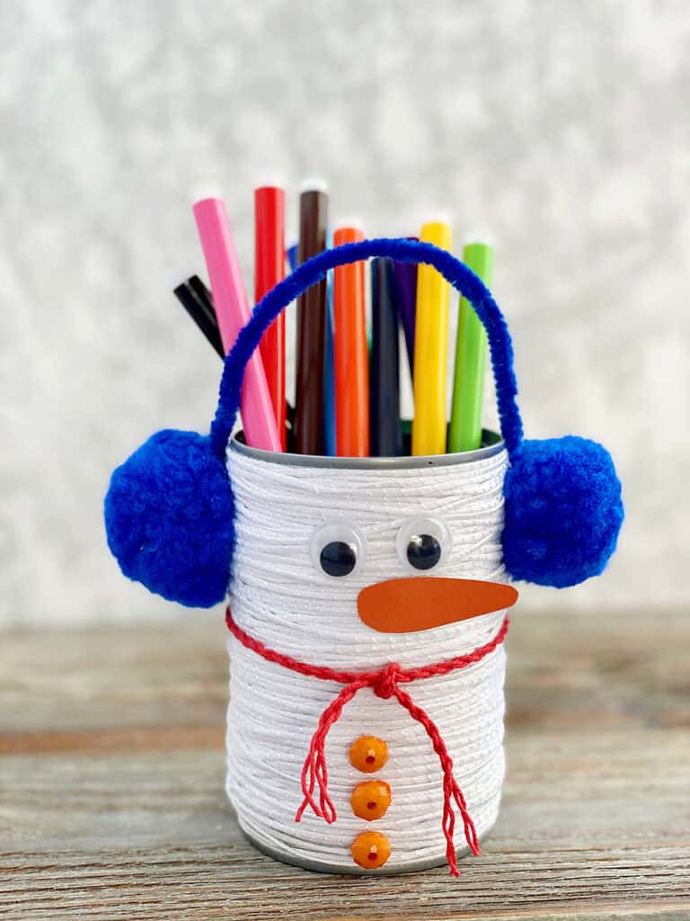 Yarn Wrapped Tin - DIY Snowman Crafts for Kids