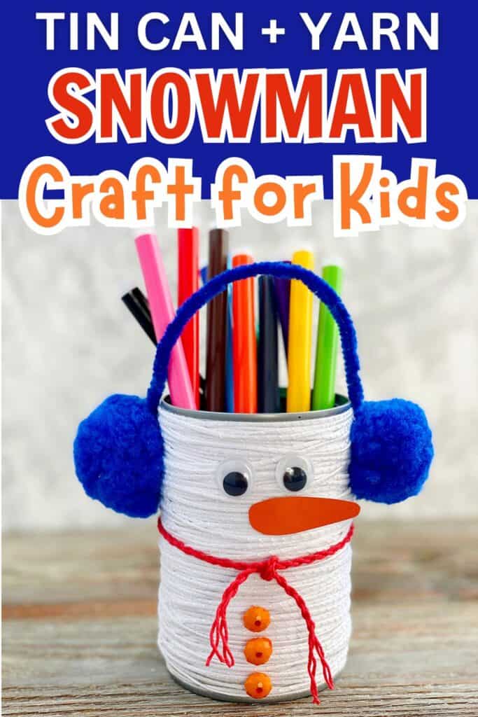yarn snowman diy with tin can craft for kids