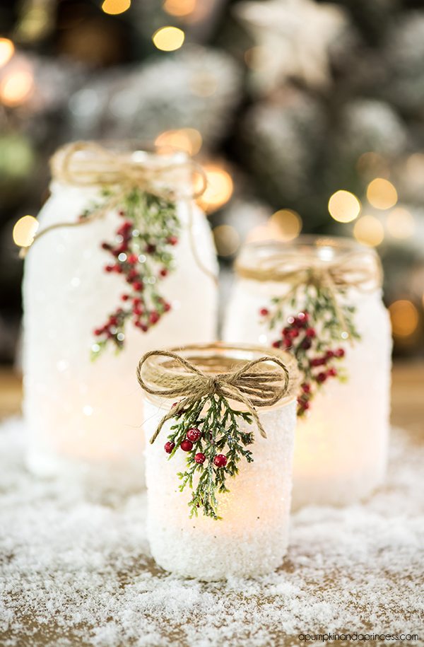 DIY Snowy Mason Jars by a Pumpkin and a Princess