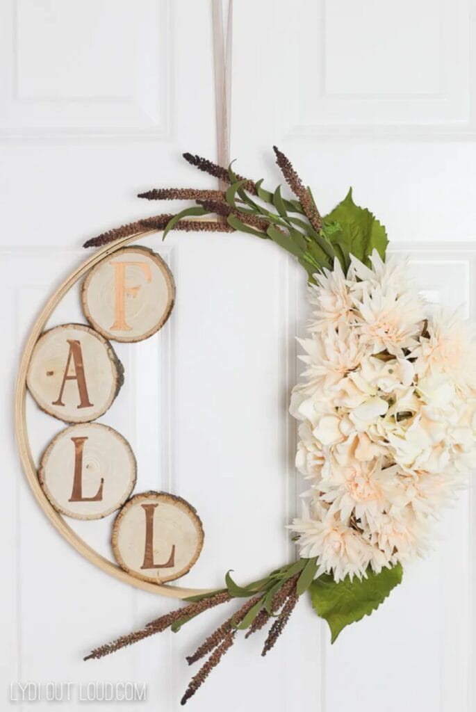 Embroidery Hoop Wreath with Wood Slices by Lydi Out Loud