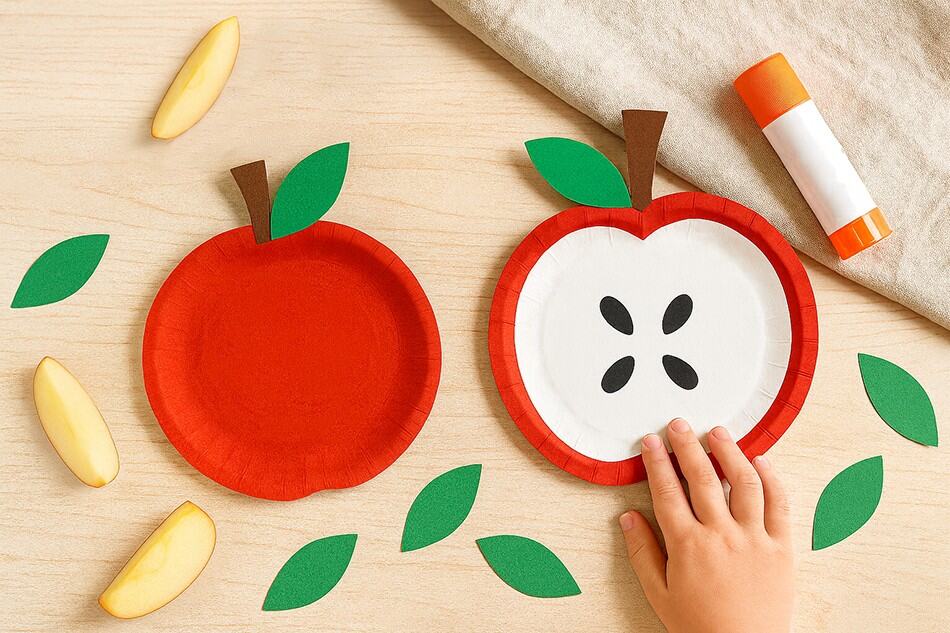 Colorful apple craft made with paper plates and foam leaves, perfect for kids' art projects.