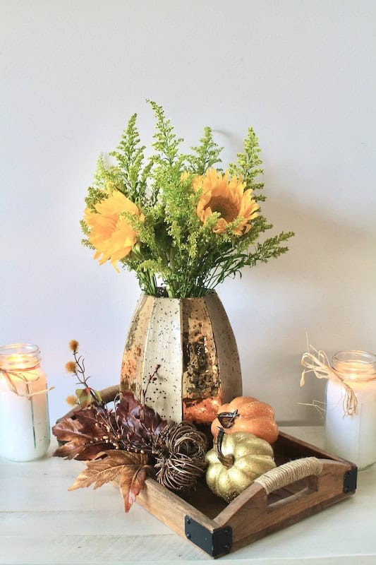 Simple Fall Kitchen Table Decor with Sunflowers and Pumpkins by Red Wine Dragons