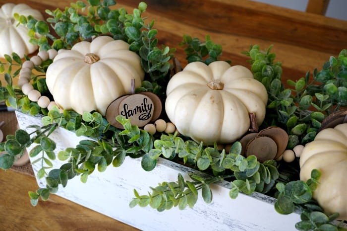 Wooden Box Centerpiece with Pumpkins and Eucalyptus by Mom Always Finds Out