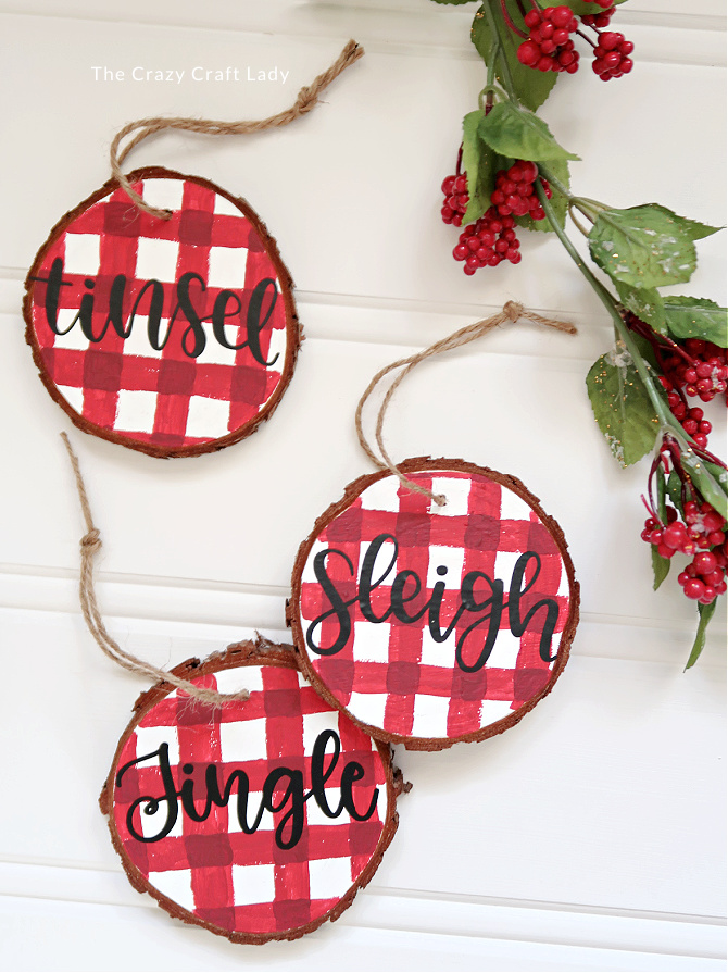 Buffalo Plaid Wood Round Ornaments by the Crazy Craft Lady