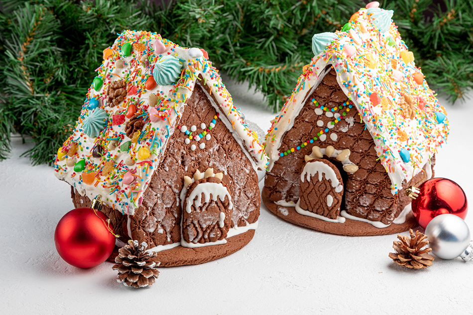 Chocolate Gingerbread Houses with Rainbow Sprinkle Roofs