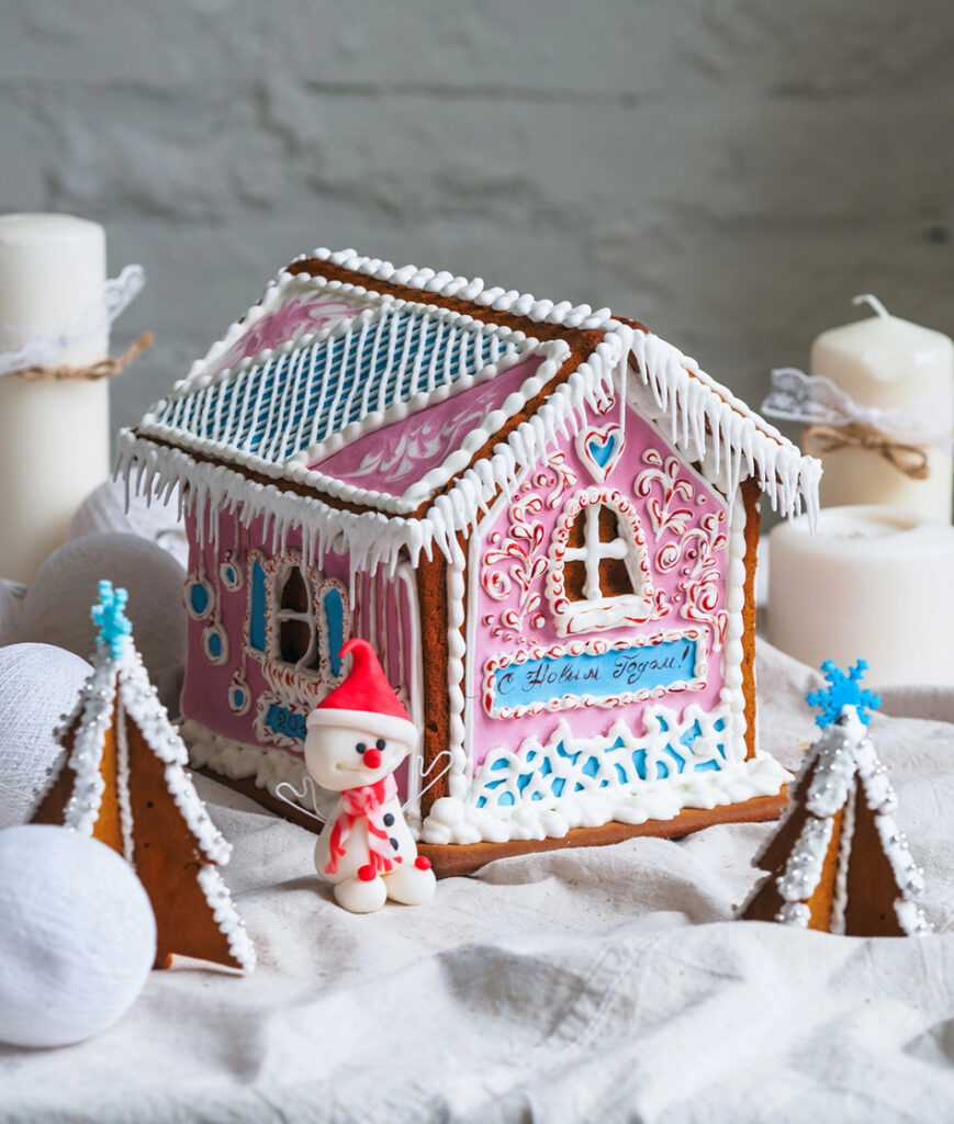 Colorful Pink and Blue Victorian Gingerbread Cottage