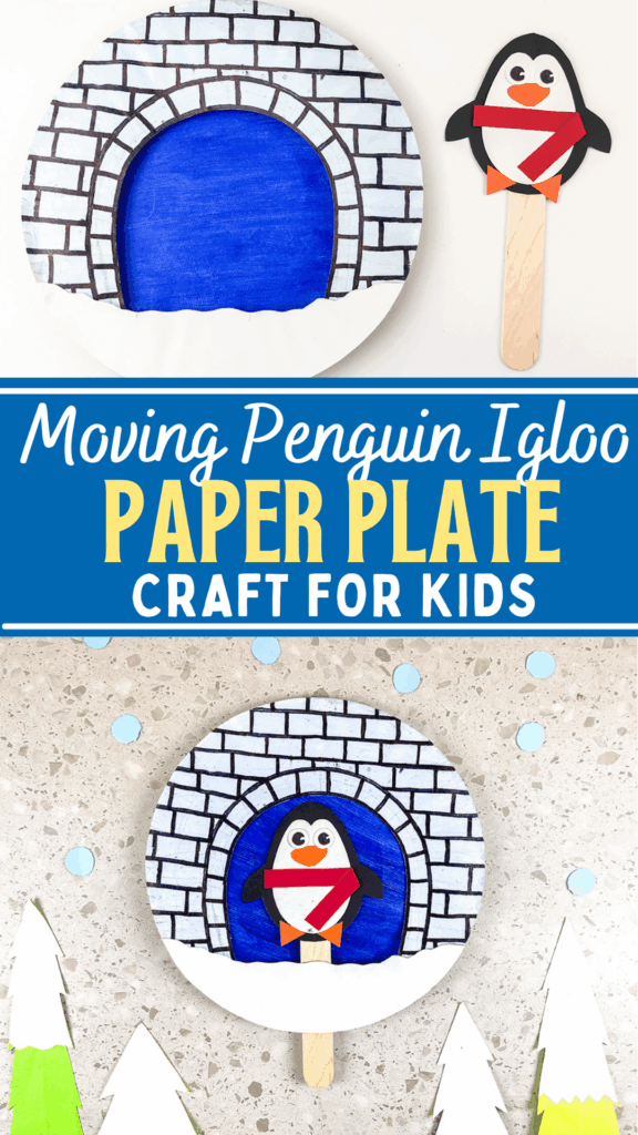 DIY Moving Winter Penguin in Igloo Paper Plate Craft for Kids to Make (+ Free Template)