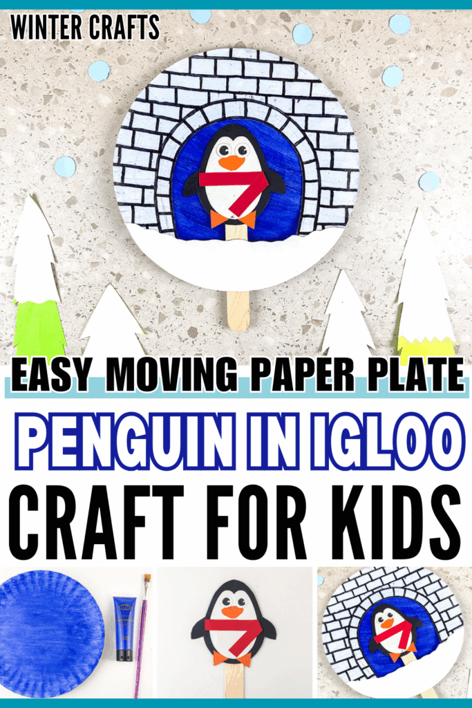 Easy DIY Moving Paper Plate Popsicle Stick Penguin in Igloo Winter Craft for Kids