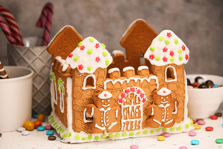Gingerbread Castle with Twin Towers and Cookie Guards