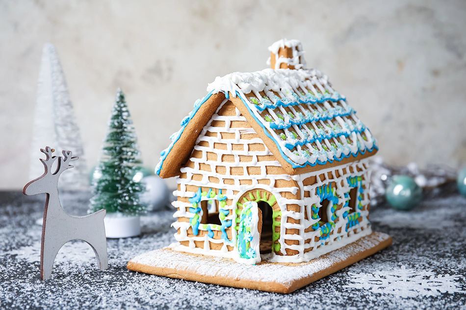 Lattice Stone Gingerbread Cottage with Blue Accents