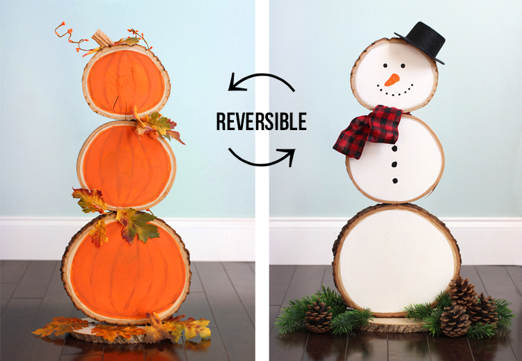 Reversible Wood Slice Snowman Pumpkins by the Craft Patch Blog