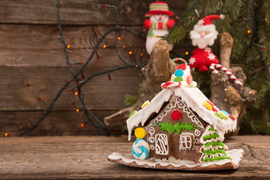 Rustic Chocolate Gingerbread Cottage with Lollipop and Tree