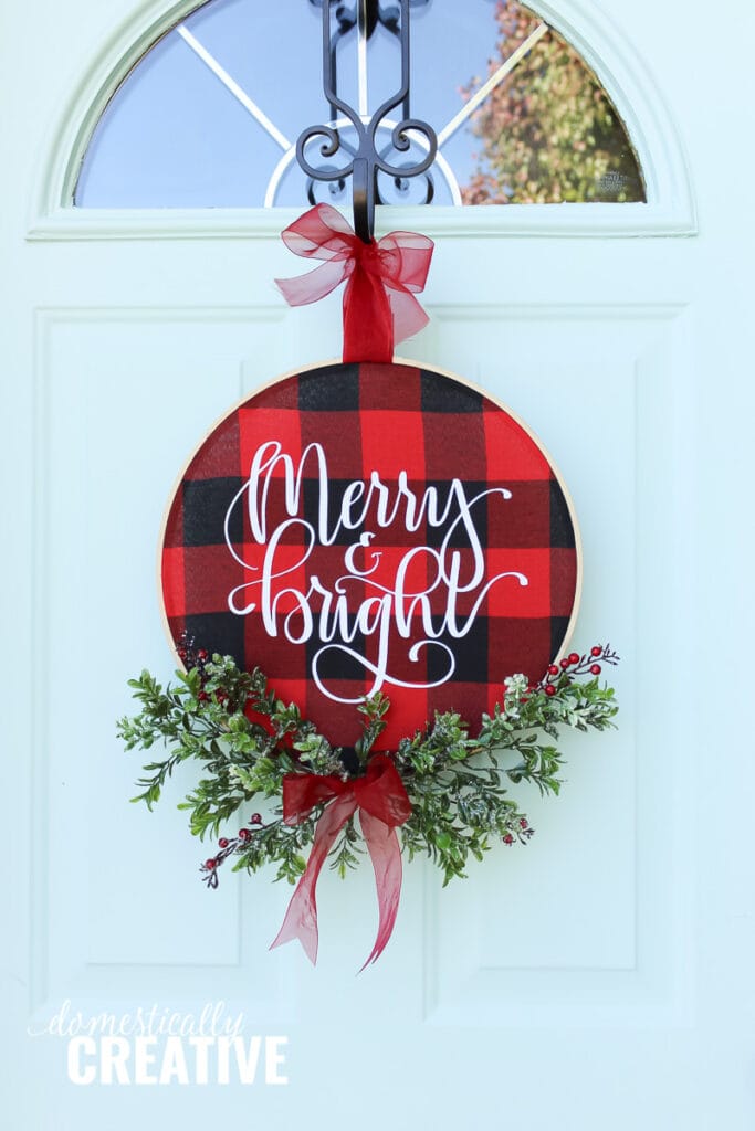 DIY Christmas Buffalo Check Hoop Wreath by Domestically Creative