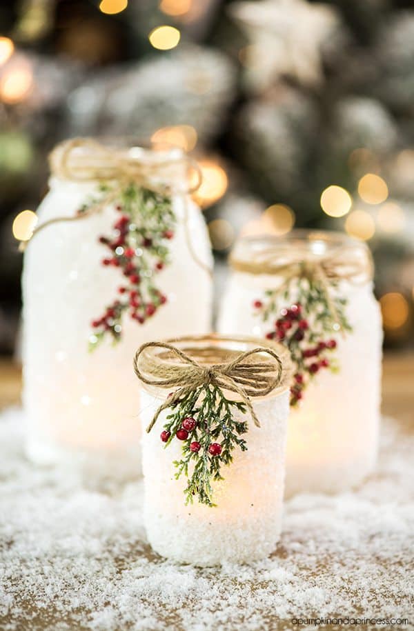 DIY Snowy Mason Jars by a Pumpkin and a Princess