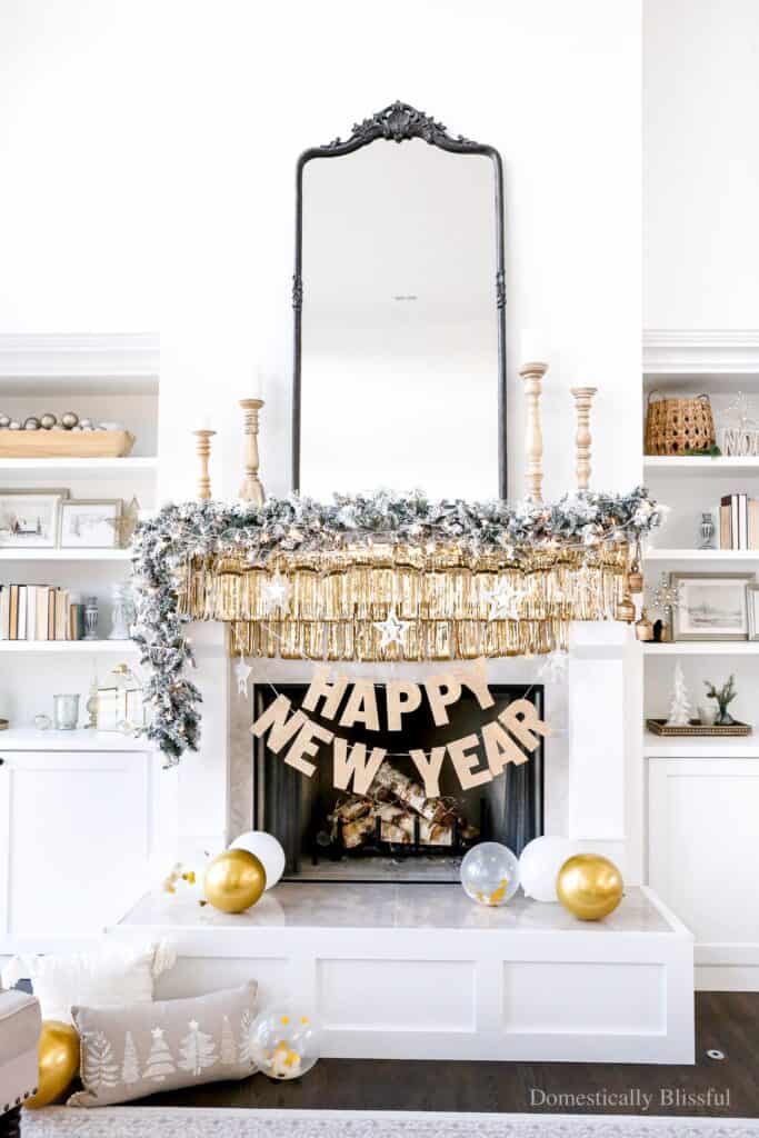 New Years Eve Fireplace Decor by Domestically Blissful