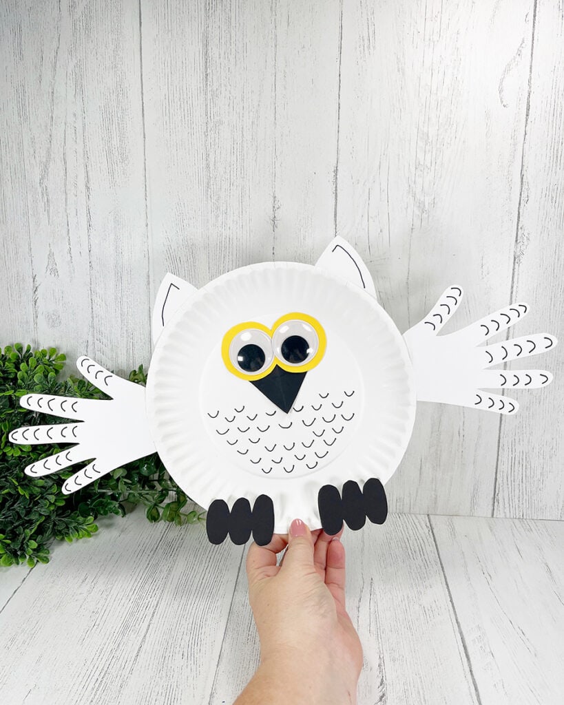 Paper Plate Handprint Snowy Owl Winter Craft for Kids