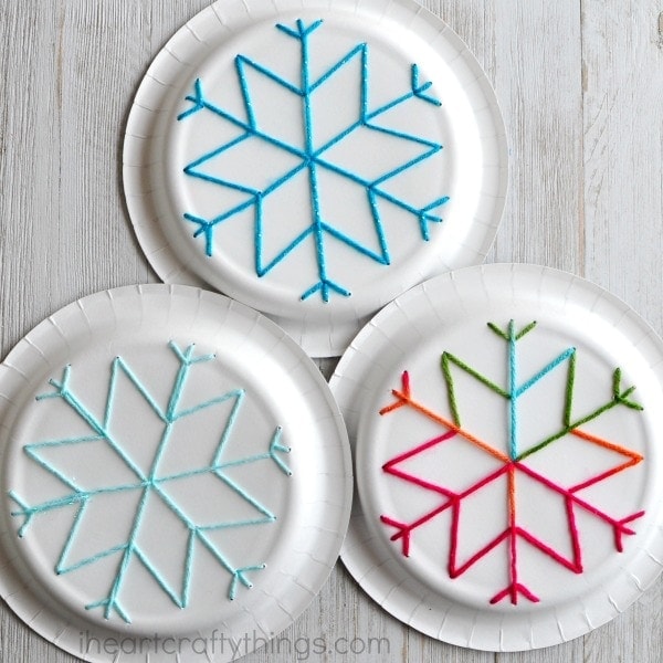 Paper Plate Snowflake Yarn Art by I Heart Crafy Things